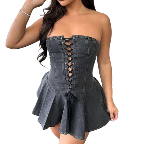 Image of Sexy Tube Denim Dress Corset Strapless Ruffled Hem Jean Mini Dress