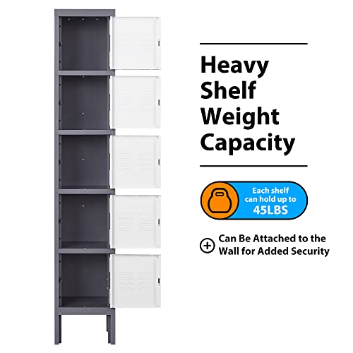 Image of Metal Locker with 5 Doors, 5 Tier Locker Steel Employees Lockers, Tall Steel Storage Lockers for School, Home, Office, Gym(Grey White), (ML-0721)