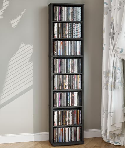 VPSMAT CD Storage Tower, 8-Tier CD Cabinet with Adjustable Shelves DVD Stand Tower for Living Room Bedroom Office, Black