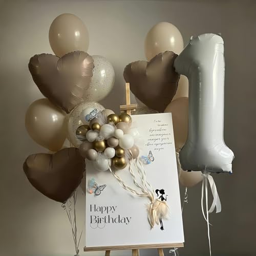 40 inch beige number 1 balloon for 1st birthday decoration large self inflating cream foil number balloons 0-9 for boys girls white sand 1 helium balloons for women men party anniversary supplies