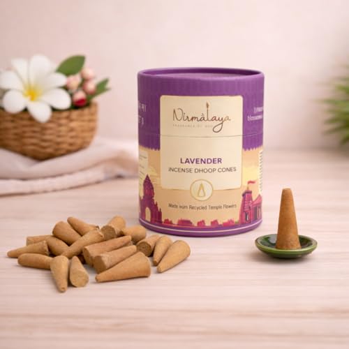 Image of Nirmalaya Premium Lavender Dhoop Cones | 60 Bambooless Incense Cones with Stand | Made from Sacred Flowers | Charcoal Free Cones | 25 Min Burn Time for Pooja & Meditation