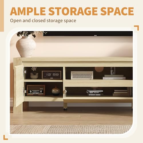 Image of TV Stand with Cabinet Doors, Entertainment Center with Adjustable Shelves, Media Console with Cable Management for Living Room or Bedroom,Natural Wood