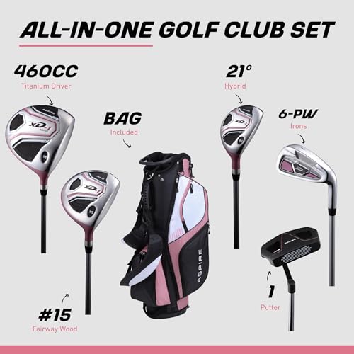 Image of Aspire XD1 Womens Golf Clubs Full Set, Includes Driver, Fairway, Hybrid, 6-PW Irons, Putter, Stand Bag, 3 H /C's, Ultra-Light Graphite Shafts, Golf Clubs Women Right Handed, Comes in 3 Sizes, Pink