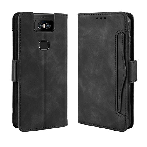 Jiajihua Funda Compatible con ASUS Zenfone 6 ZS630KL / Zenfone 6z [Ranura Doble para Tarjetas][Soporte abatible][Funda para teléfono][Cierre magnético] Cartera Black
