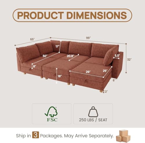 Image of 128 inch Chenille Modular Sofa Bed with Washable Covers & Storage, 6-Seater Modular Sectional Sleeper Sofa Bed with Movable Ottoman Chaise, Convertible Sleeper Sectional Couches for Living Room, Orange