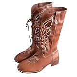Generisch Botas de vaquero para mujer, de piel, con cordones, largas, para exteriores, elegantes, puntiagudas, de caña media, ligeras, para el tiempo libre, de piel, suaves, para mujer, marrón, 38 EU