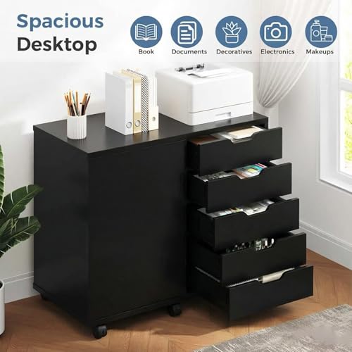 Image of DUMOS 5 Drawer File Cabinet Office Drawers Organizer with Wheels Rolling, Under Desk Cabinets with Shelves and Door Printer Stand with Wood Board Metal Frame for Home Office Storage Craft Room, Black