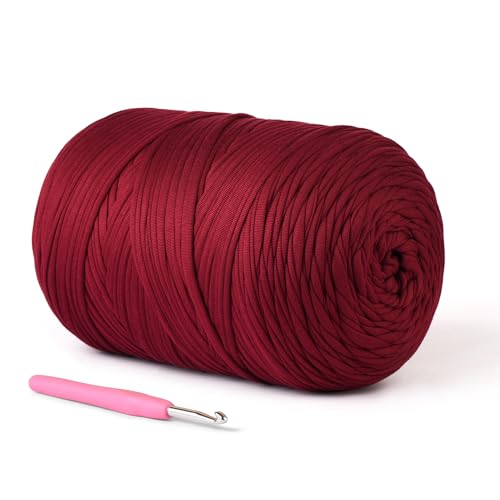 Image of (800g /228yds) T Shirt Yarn, Soft Tshirt Crochet Yarn for Crafts and DIY Knitting Crocheting Cloth /Bag /Basket /Coaster, 100% Polyeste Elastic Fabric Chunky Thick (Burgundy)