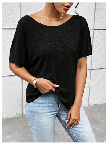 Women's Backless Twist Knot T Shirt Oversized Solid Short Sleeve Tees Open Back Asymmetrical Hem Casual Tops3