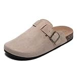 Suede Clogs Women Leather Mules Men Soft Cork Footbed Adjustable Buckle with Arch Support Closed Toe Sandals Potato Shoes Anti Slip Unisex Beige