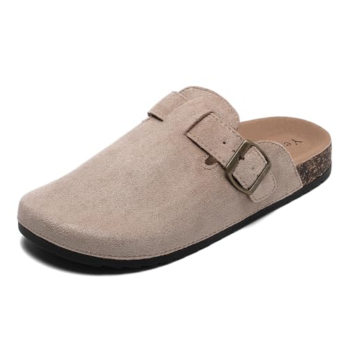 Zuecos de gamuza para mujer, de piel, con plantilla de corcho suave, hebilla ajustable con soporte de arco, sandalias de punta cerrada, zapatos de patata, antideslizantes, unisex, beige, 40 2/3 EU