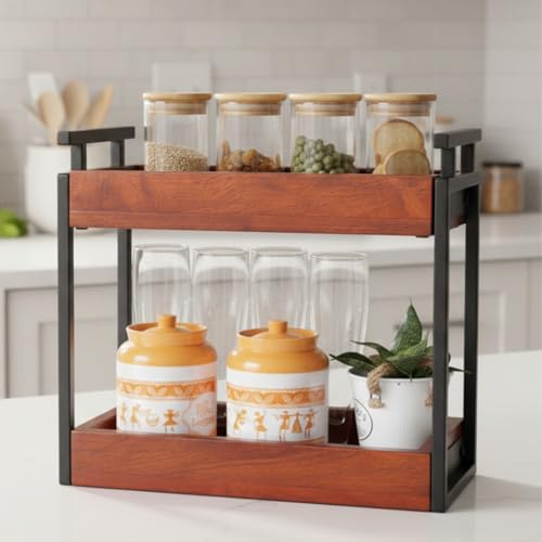 Image of Premium WoodMet Multipurpose kitchen wooden Rack |Iron Countertop Racks |Living Area Versatile Storage Shelf with 2 Compartments |Spice Rack Organizer|Makeup rack |Office shelf