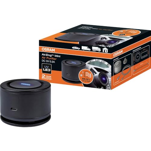 OSRAM AirZing Mini; purificateur d'air de voiture avec prise USB, ioniseur, d&eacute;truit les virus et les bact&eacute;ries dans le v&eacute;hicule jusqu'&agrave; 99%, filtre TiO2 de haute technologie + lumi&egrave;re LED UVA LEDAS101