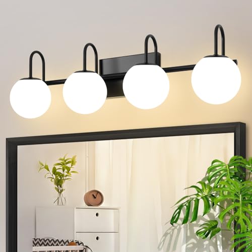 Image of 4-Light Bathroom Light Fixtures, Modern Mid Century Vanity Light Over Mirror, Black with Milk White Globe Glass Shades Wall Lamp for Bathroom, Mirror, Hallway, Kitchen, Bedroom Wall Sconces Lighting