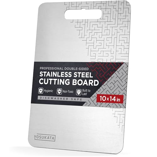 YOSUKATA Premium Stainless Steel Cutting Board 14.6x10 Inch - Professional Double-Sided Metal Chopping Board with Handle Hole - Measuring Scale - Dishwasher Safe - Kitchen Non-Toxic Utensils