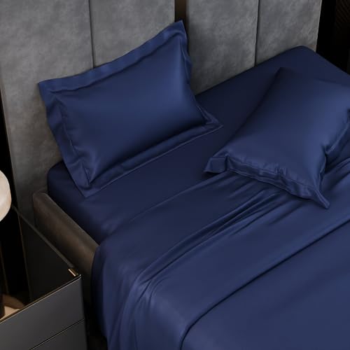 Image of Stoa Paris 350TC Luxstre Cotton Super King Flat Bedding Set for King & Double Size Beds with 2 Pillow Covers, 274cm x 274 cm Bedsheet, All-Season Comfort, Breathable, Home Decor, Panache - Navy