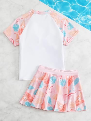 Kids Girls Floral Rash Guard Sets Short Sleeve Swim Shirts with Swimskirts Bathing Suits4