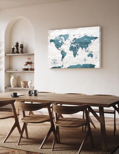 Image of IPIC - Large Vintage Teal World Map Canvas Wall Art, Push Pin World Map to Track Your Travels, Rustic Style Wall Decor for Home, Office, Living Room or RV, Ready to Hang, Made in USA