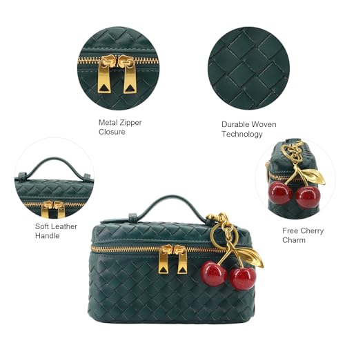 Image of Small Woven Box Crossbody Bags for Women Designer Leather Mini Top Handle Clutch Purse Square Vanity Bag with Cherry Charm