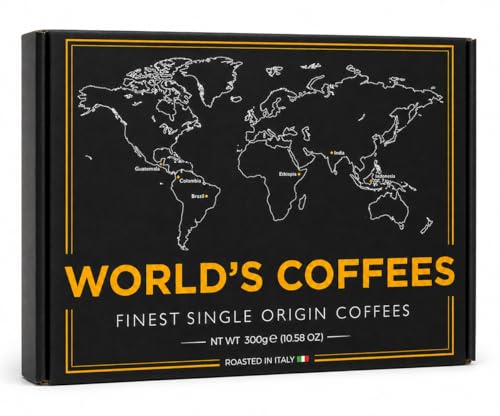 UNIQBITE World Coffees Gift Set, Six Single Origin Ground Coffee Variety Pack, Coffee Sampler from Around the World, Light, Medium & Dark Roasts, Roasted in Italy, 10.58 oz (300g)