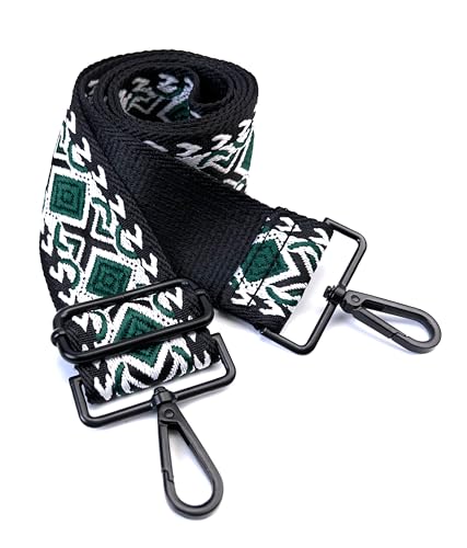 Image of Black Green Boho Diamond Purse Strap with Matte Black Hardware 2 Inch Wide Replacement Crossbody Guitar Style Shoulder Strap for Handbags Totes