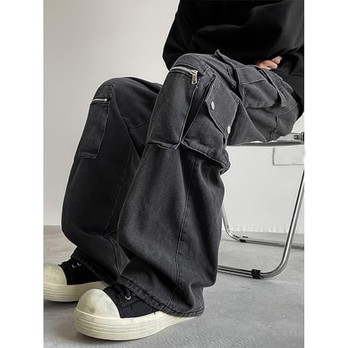 Men's Multi-Pocket Cargo Jeans Baggy Straight-Leg Distressed Black Pants Y2k Hip-hop Harajuku Streetwear4