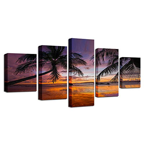 Idée cadeau salon : tableau coucher de soleil et plage en toile 5 pièces