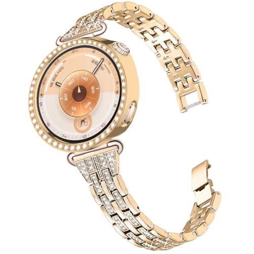 DEALELE Bands and Case Compatible with Huawei Watch GT 5 Pro 42mm, 18mm Slim Bling Rhinestone Diamond Metal Bracelet with Shiny Protective Case Cover for GT5 Pro Watch 42mm Women, Rose gold