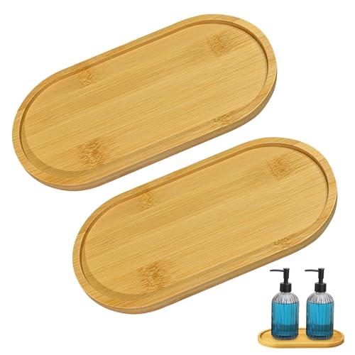 Makloee 2-Piece Oval Bamboo Tray Set, Wood Soap Dispensers Tray Dishes for Bathroom Worktop, Afternoon Tea, Food Holder/BBQ, Serve Cheese,Snacks,Jewellery Sustainable Kitchen & Home Decor Gift