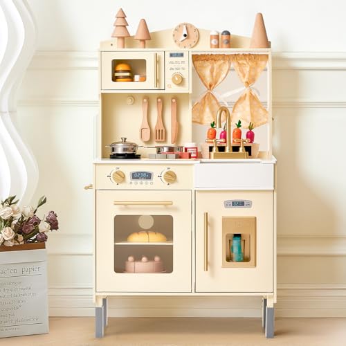 Giant bean Wooden Play Kitchen, Toddler Kitchen Playset, with Microwave Play Sink Ice Maker Oven Cookware Accessories Playset, Pretend Play Food Toys for 3+ Year Old Boys Girls