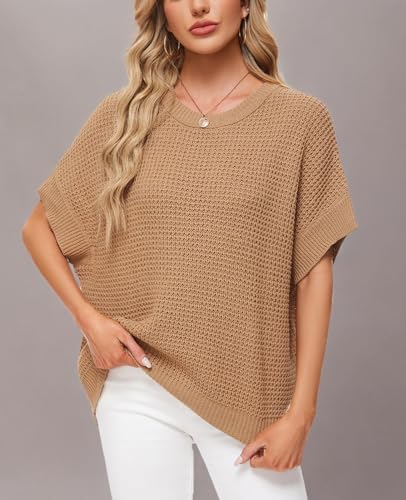 Image of MINTLIMIT Womens Batwing Short Sleeve Sweaters Loose Oversized Waffle Knit Pullover Sweater Top
