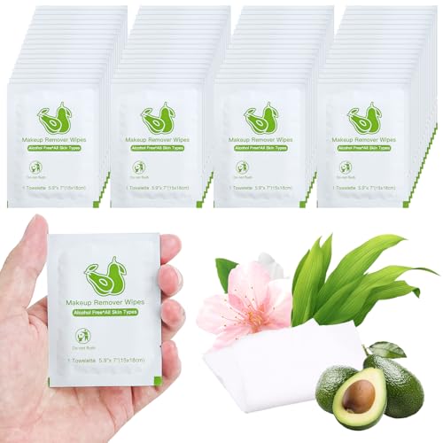 Makeup Remover Wipes Bulk Individually Wrapped,Travel Makeup Wipes Bulk Gentle for Face Cleansing Mascara Lipstick Travel (pack of 50, Avocado)