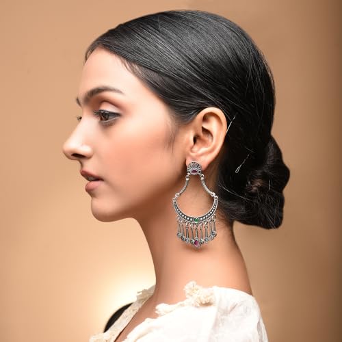 Pranali Silver Oxidised Earrings Anti Tarnish, Light Weight