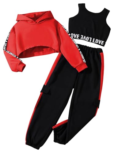 Image of Hilinker Girls Graphic 3 Piece Outfits Workout Hoodie Crop Tank and Sweatpants Set
