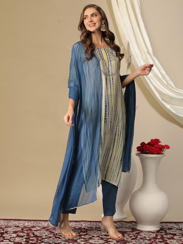 Image of GoSriKi Women's Rayon Blend Straight Printed Kurta with Pant & Dupatta