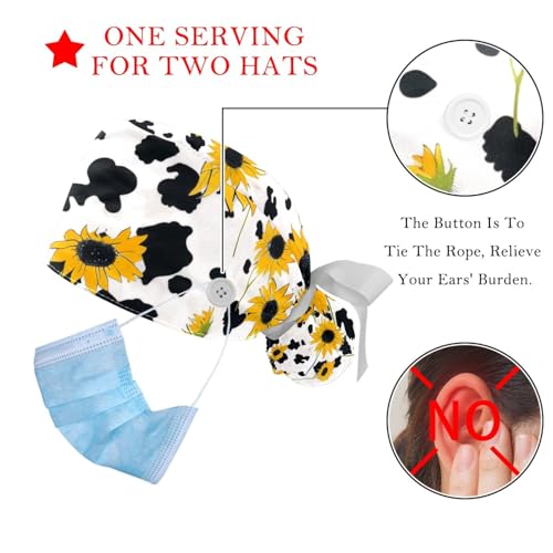 Image of 2 PCS Bouffant Cap with Button Ponytail Pouch Working Cap Sweatband Adjustable Surgical Cap Black and White Cow