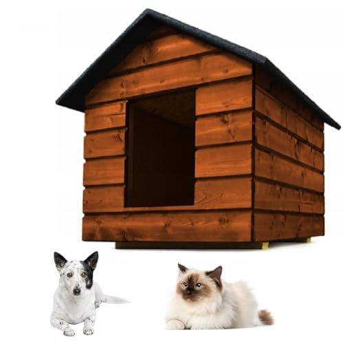 QLS Hundehütte Katzenhaus Größe M mit Vorhang Isoliert Winterfest Outdoor (Teak, M)