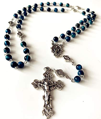 elegantmedical Handmade Blue Tiger Eye Beads Our Lady of Grace Rosary Cross Necklace Catholic Gifts4