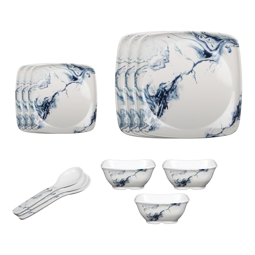 Image of Thermador Pack of 12 Melamin Dinner Set Blue White | Dinner Sets | Kitchen Set for Home Kitchen Items | Utensils Set | Perfect for Gifts | Size 12pc | Stylish Design Pack Size 12