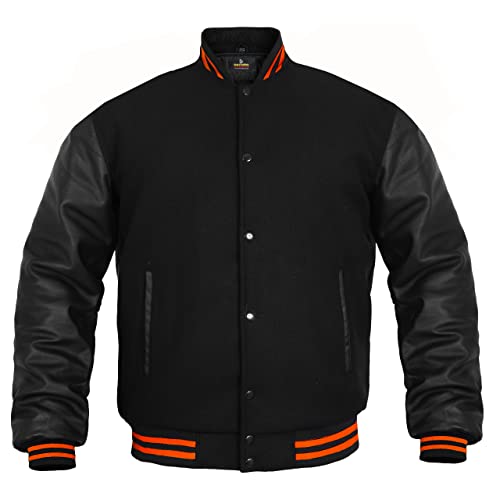 Image of Deckra Men's Varsity Jacket Genuine Leather Sleeve and Wool Blend Letterman Boys College Varsity Jackets XS-5XL