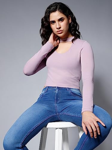 Image of High Star Women's Choker Neck Fitted Full Sleeves Crop Top
