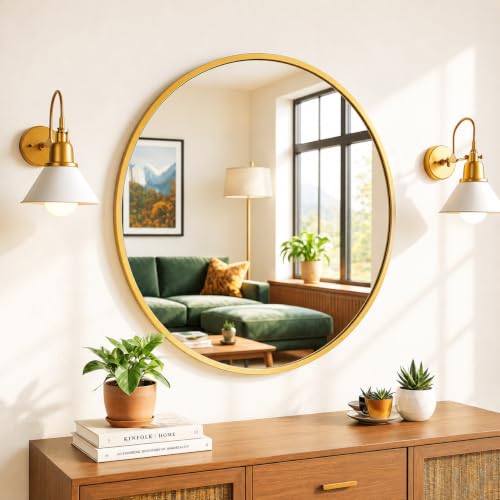 Image of 30 inch Vanity Round Home Decor Wall Mirror in Gold I Metal Frame Mirror I Modern Design Gold Metal Frame Mirror I Decorative Mirror for Bathroom Wash Basin, Bedroom, Drawing Room (Gold-30)