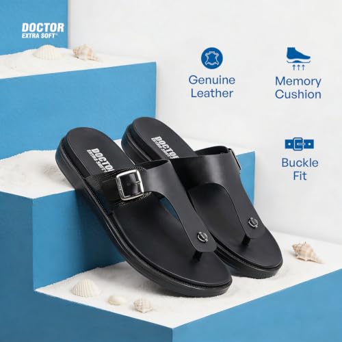 Image of DOCTOR EXTRA SOFT Men's Classic Casual Original Leather Thong Black /Brown Sandals /Chappals with Memory Foam Cushion| Stylish & Non-Slip|Comfortable & Lightweight |Flip flops Slippers Gents & Boys F-3