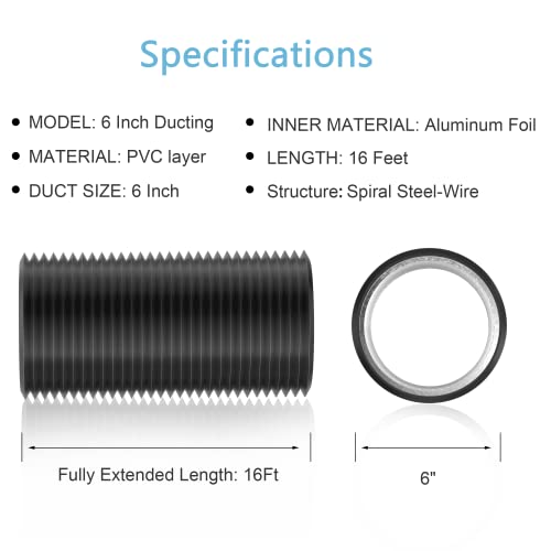 Hon&Guan 6 Inch Air Duct - 16 FT Long, Black Flexible Ducting HVAC Ventilation Air Hose for Grow Tents and Ventilation System