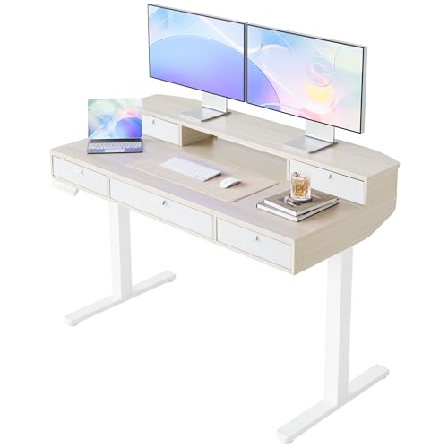 Image of HUANUO 48 x 24 Inch Electric Standing Desk with 4 Drawers, Natural | 4 Drawers For Organized Storage, Raised Monitor Shelf, C-Clamp Mount Support, 4 Memory Presets, 28.3-46.5 Inch Height Range
