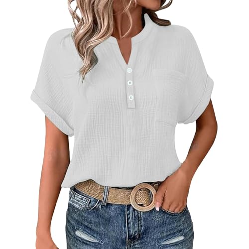 Camisetas Manga Corta Mujer Basicas Algodón Lino Blusas Verano Tallas Grandes Vestir Chiffón Ropa Mujer Verano 2025 Camiseta Cuello V Elegantes Básica Tops Compra Online(Blanco,XXL)