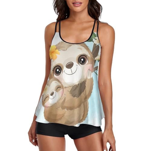 Ensembles bikini avec short de garçon et tankini motif sloth cute pour femme