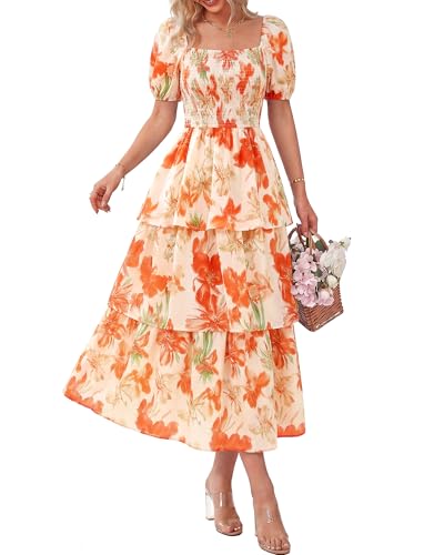 BTFBM Womens Square Neck Smocked Dress Summer Puff Short Sleeve Floral Casual Ruffle Tiered Maxi...