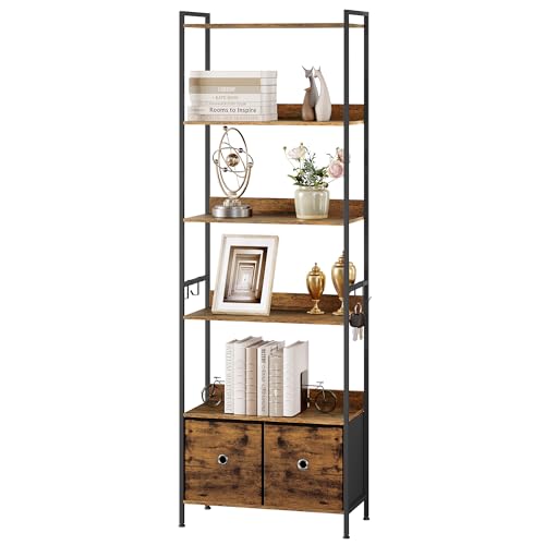 WOLTU Libreria a 5 Piani con 2 Cassetti, Scaffale di Stoccaggio a Pavimento, Industriale, Struttura in Acciaio, Soggiorno/Ufficio/Studio/Cucina/Camera da Letto, Marrone Rustico+Nero, RGB62vbn