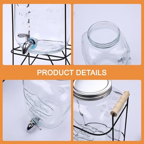 Image of Bellemax 3 Litre Glass Iced Drink Dispenser with Spout & Tap, Steel Lid and Stand- Cold Beverage Tank for Water, Cocktails, Detox Drinks & More, Perfect for Parties & Events,Daily Uses(Set of 1)